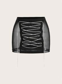 SHEIN ICON Y2k Black Sexy Tight-Fitting Low-Waisted Mesh And Rhinestone Splicing Drawstring Chain Decor Mini Skirt For Women Summer Rave Festival Outfits Going Out Party Clothing - Black - View 3