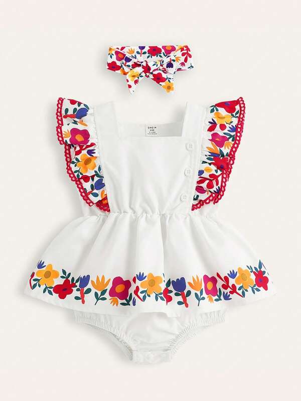 SHEIN Salopetă de vară casual cu imprimeu floral pentru fetiță, cu tiv cu volan