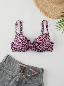SHEIN Swim 女性夏季沙灘豹紋細肩帶交叉性感比基尼上衣（隨機印花）