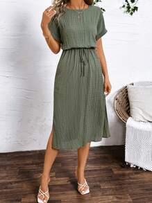 SHEIN Clasi 女款夏季迷彩綠色豎條紋紋理圓領綁帶短袖連衣裙 - 軍綠色 - 查看 4