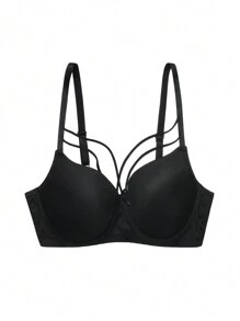 Plus Size Women's Hollow Out Solid Color Bra With Underwire, 1pc