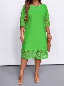 SHEIN LUNE 夏季激光剪裁休闲连衣裙 - 綠色 - 查看 4