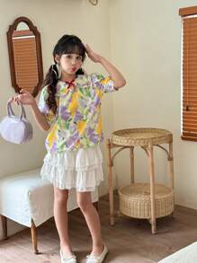 SHEIN 少女花卉印花彼得潘領襯衫 - 紫色 - 查看 3