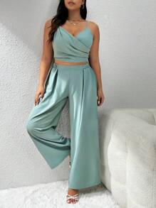 Firerie Plus Size Casual Elegant Dinner Teacher Outfit, Crop Wrap Cami Top And Wide Leg Long Pants Two-Piece Set