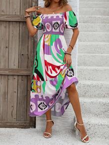 Breezaya Váy du lịch thường ngày mùa hè cổ vuông in họa tiết toàn thân (In ngẫu nhiên) - Nhiều màu - Xem 6