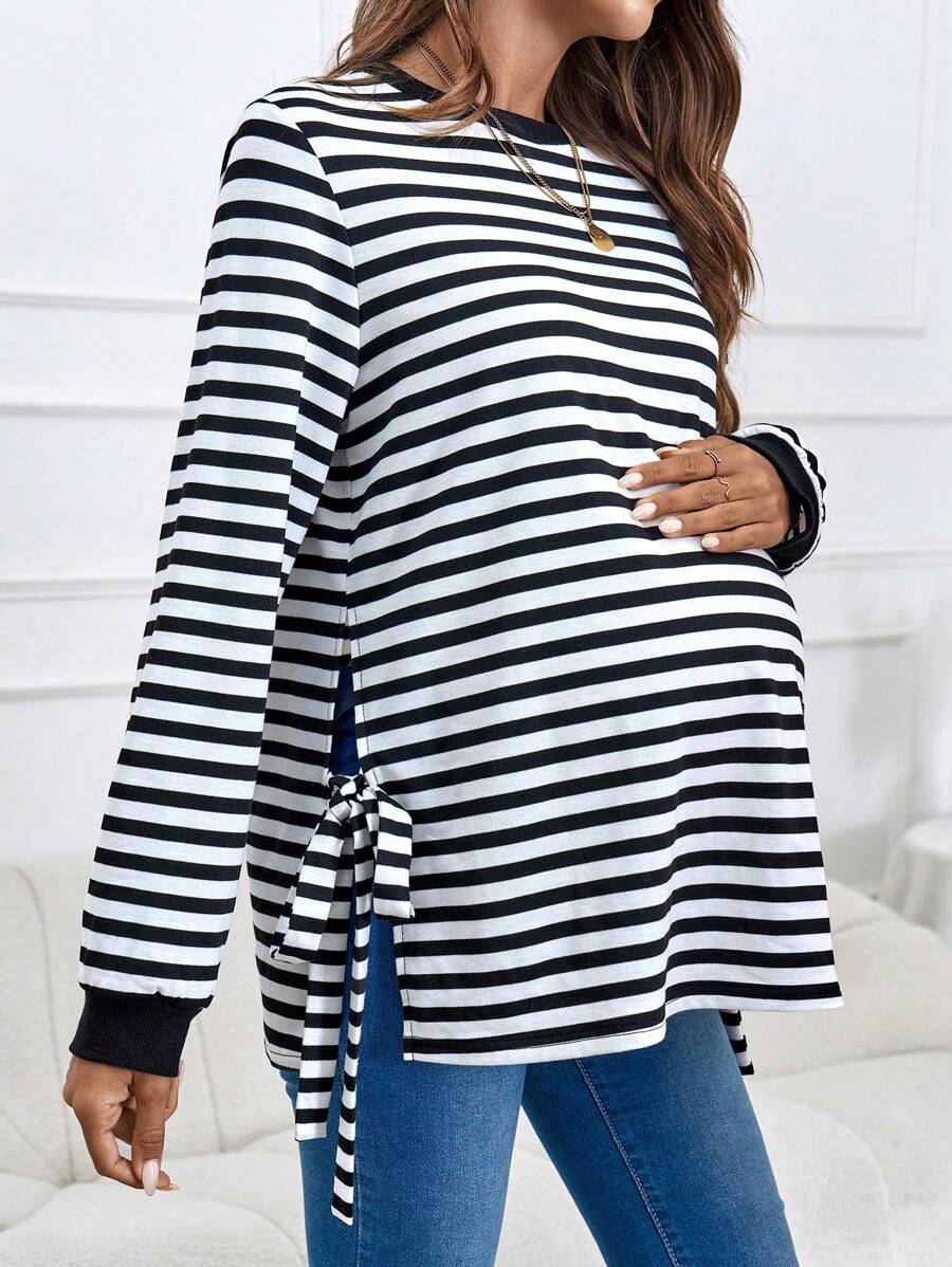 SHEIN Maternity Striped Print Knot Side Sweatshirt With Long Sleeve, For Winter - Black and White - View 1