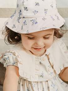 Cozy Pixies Baby Girl Short Sleeve Floral Pattern Dress With Ruffle Hem And Hat Set - Apricot - View 3
