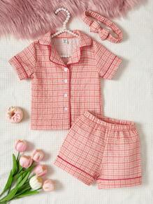 Bộ 3 Bộ Trang Phục Ở Nhà Thông Thường Cho Bé Gái Áo Cardigan Ngắn Tay In Kẻ Sọc Màu Hồng Kèm Quần Short Và Băng Đô - Bụi hồng - Xem 1