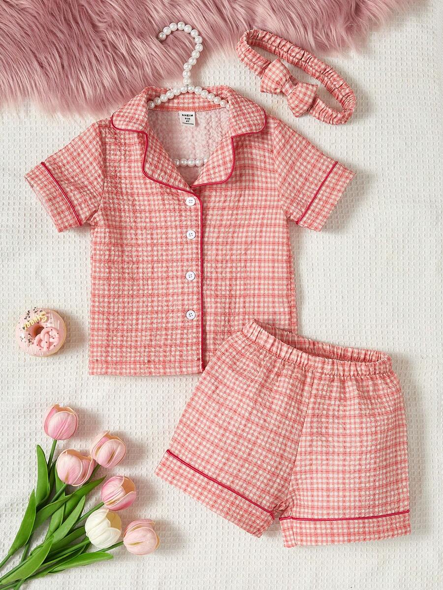 Bộ 3 Bộ Trang Phục Ở Nhà Thông Thường Cho Bé Gái Áo Cardigan Ngắn Tay In Kẻ Sọc Màu Hồng Kèm Quần Short Và Băng Đô - Bụi hồng - Xem 1