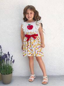SHEIN Young Girl's Woven Solid Color Square Neck Ruffle Trim Splice Casual Dress - Multicolor - View 6