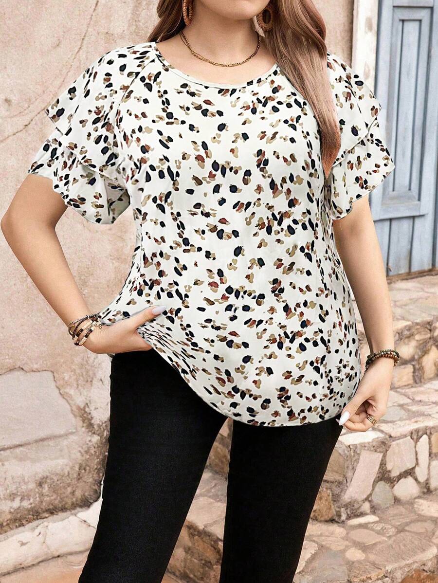 SHEIN LUNE Plus Allover Print Batwing Sleeve Blouse For Summer