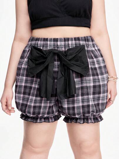 Kawaii Shorts con estampado a cuadros, detalle de lazo y ribete con volantes en tallas grandes