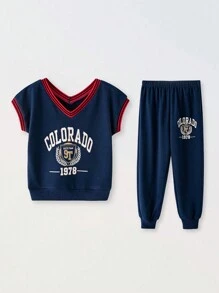 SHEIN Conjunto de 2 piezas JovenDeportivo estilo casual urbano con chaleco estampado y pantalón largo, adecuado para uso diario, viajes, ejercicio, primavera y verano, actividades al aire libre y de vuelta a la temporada escolar - azul real - Ver 12
