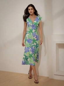 Aveloria Rosie Vestido de verano elegante con mangas cortas con diseño floral aleatorio y escote en forma de V profundo