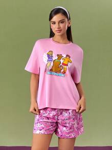 SCOOBY-DOO X SHEIN Conjunto de ropa para el hogar para mujer con camiseta de corte holgado y pantalones cortos impresos con letras de dibujos animados, para verano - Rosa - Ver 3