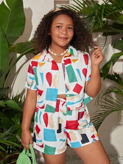 SHEIN Conjunto holgado casual de camisa y pantalón en talla extendida para niña preadolescente con patrón geométrico (2 piezas)