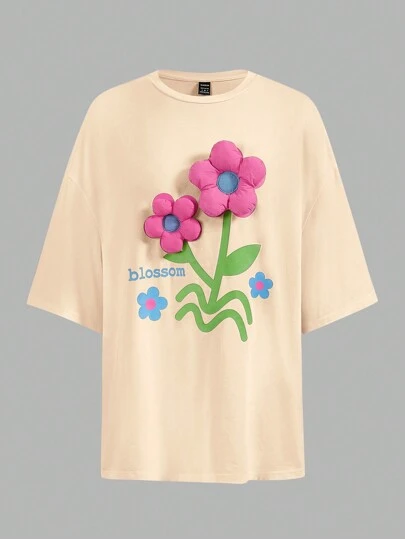 SHEINNeu Floral & Letter Graphic Drop Shoulder Tee For Summer Blossom