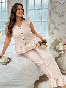 Daisy Printed Plus Size Women's Single-Breasted Cap Sleeve Top And Long Pants Pajama Set - Multicolor - View 6