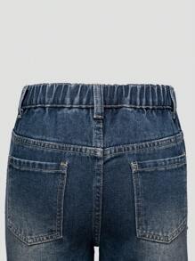 SHEIN Vintage Y2K Tween Girl Rhinestone Studded Detailed Wide Leg Jeans, Fashionable And Versatile - Medium Wash - View 8