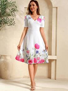 SHEIN Clasi Vestido elegante estampado floral para mujer con cuello quemado y dobladillo en línea A - Multicolor - Ver 7