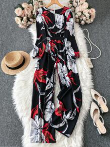 SHEIN LUNE Plus Floral Print Belted Jumpsuit - Black - View 2