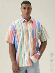 Manfinity VCAY Men's Digital Printed Loose Fit Short Sleeve Striped Summer Shirt,Back To School - Multicolor - View 6