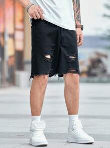 Manfinity EMRG 寬鬆版型男士純棉撕破毛邊牛仔短褲 - 黑色 - 查看 7