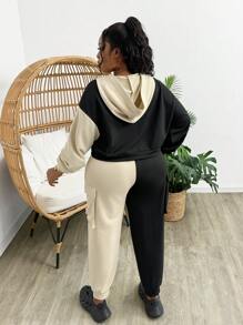 Slaydiva 大尺碼女裝時尚運動二件套：黑色和杏色多色塊設計連帽拉鍊運動衫+工作風格口袋長褲，秋冬季 - 彩色 - 查看 2