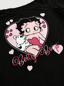 Betty Boop | ROMWE Áo thun hở vai in chữ và hoạt hình dễ thương cỡ lớn, mùa hè - màu đen - Xem 4