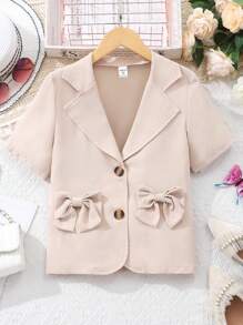 SHEIN Girls' Apricot Deep V-Neck Short Sleeve Jacket - Apricot - View 1