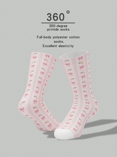 Kawaii 1 Pair Women's Mid-Calf Socks, 4 Seasons, Pink Butterfly & Flower Design, Cute, Elegant, Casual, Fashionable, 3D Printed Pile Socks