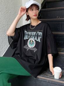 FRIFUL 女式夏季宽松休闲 T 恤，圆领落肩设计，字母印花图案 T 恤 - 黑色 - 查看 3