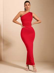 SHEIN BAE Blue Asymmetrical Asymmetrical Neck Sleeveless Cami With Ruched Hem & Bodycon Pencil Skirt, Set Of 2 For Ladies, Casual & Minimalist Style - Red - View 5