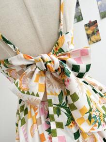 SHEIN WYWH Vestido corto con pliegues de línea A, cinturón ajustado con estampado a cuadros colorido, divertido diseño impreso con frutas y destapado en la espalda, con nudo decorativo en la parte trasera. Estilo campestre de verano para mujer en vacaciones. - Multicolor - Ver 4