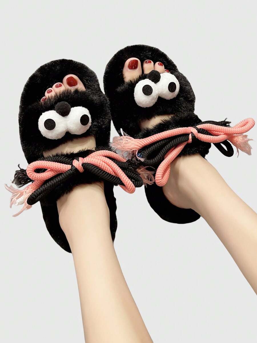 ROMWE Kawaii 时尚厚底，可爱怪物粉色和黑色双色，蝴蝶结和毛茸茸的带子拖鞋适合户外使用 - 黑色 - 查看 1