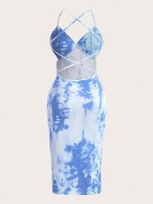 Slaydiva 女士休閒性感粉色細肩帶無背心抽象印花緊身裙-H號 - 藍色 - 查看 2