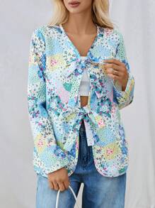 SHEIN Essnce Veste régulière pour femmes imprimé de patchwork floral avec lien de poitrine avant - Multicolore - Voir 3