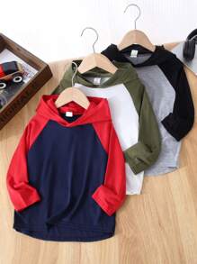 SHEIN Leap Crew 3入組男童休閒舒適編織拼色連帽T卹，帶貼布長袖，適用於旅行、學校和春夏秋季 - 彩色 - 查看 1