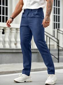 Manfinity Mode Men Casual Pleated Tapered Suit Pants - Blue - View 4