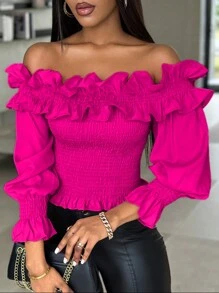 SHEIN LUNE Solid Color Ruffle Decor Off-Shoulder Cropped Top For Women - Hot Pink - View 4