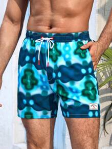 Manfinity Pantalones cortos de playa y baño para hombres con estampado de tie-dye y cintura con cordón ajustable para vacaciones