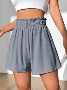 SHEIN MOOSTA Women Summer Solid Paperbag Waist Wide Leg Flowy Shorts - Grey - View 6