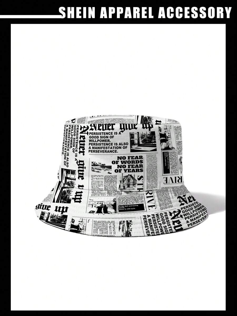 SHEIN 1 件装报纸印花渔夫帽 可翻转渔夫帽 适合女士、学校 - 彩色 - 查看 1