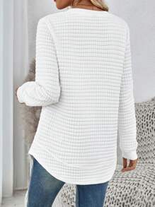 EMERY ROSE Autumn & Winter Round Neck White Casual Comfortable Shirt With Small Checkered Pattern, Curved Hemline And Side Slit Design,Long Sleeve Tops - White - View 2