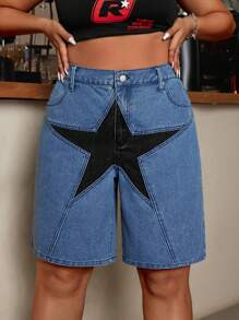 SHEIN ICON Shorts de mezclilla con estampado de estrellas en tamaño grande