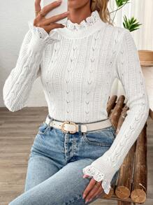 SHEIN Clasi Áo len tay bồng dệt kim kiểu Pointelle, thích hợp mặc hàng ngày, áo len chui đầu mùa thu đông. - trắng - Xem 4