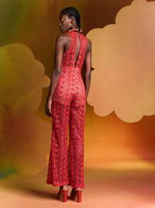 Alice McCall Designer Allover Floral Flower Lace Deep V Neck Jumpsuit, Women, For Summer, Holiday, Valentine's Day, Festival - Red - View 6