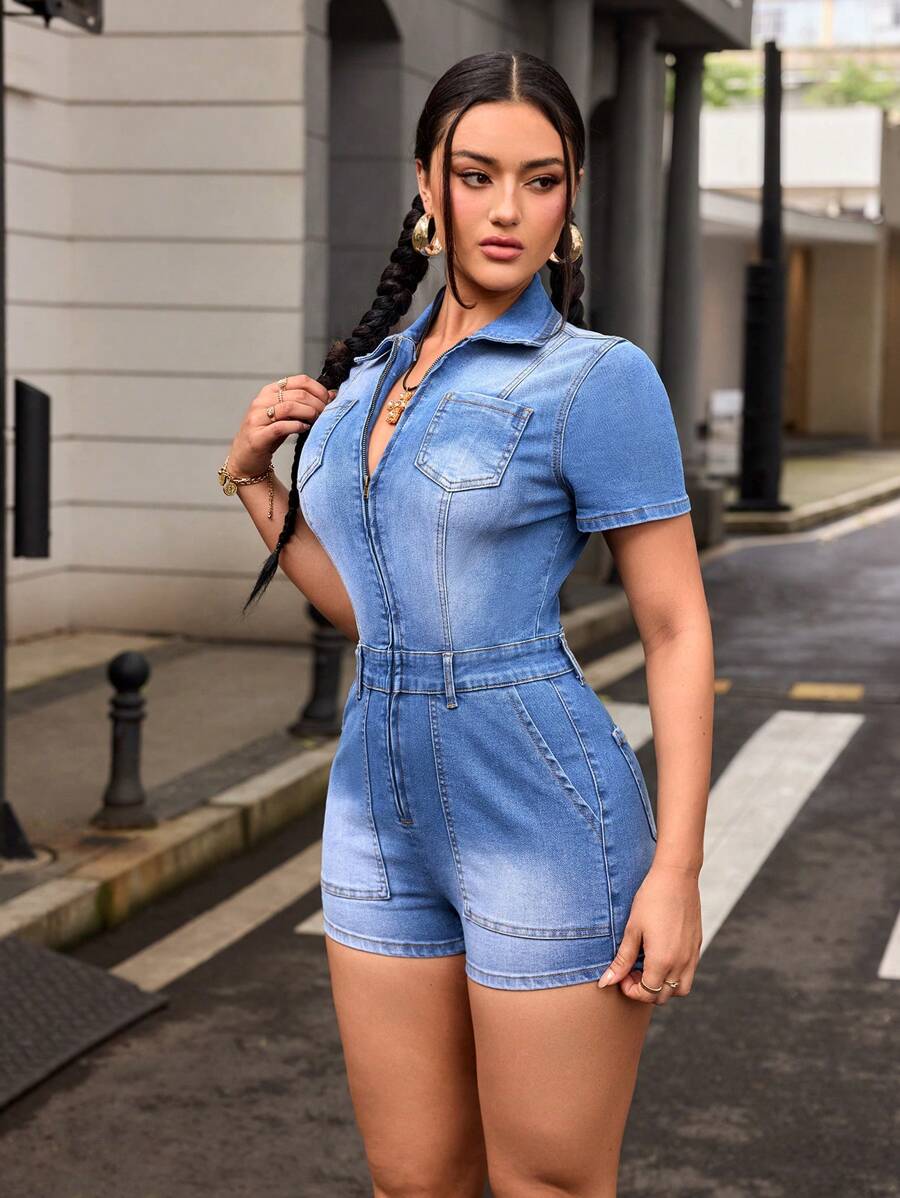 SHEIN EZwear Mujeres mono corto de mezclilla con cierre - Azul - Ver 1