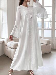 Yasmyna 夏季撞色孔眼刺绣喇叭袖连衣裙，适度长袖超长夏季卡夫坦束腰连衣裙 - 白色 - 查看 8