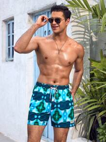 Manfinity Pantalones cortos de playa y baño para hombres con estampado de tie-dye y cintura con cordón ajustable para vacaciones